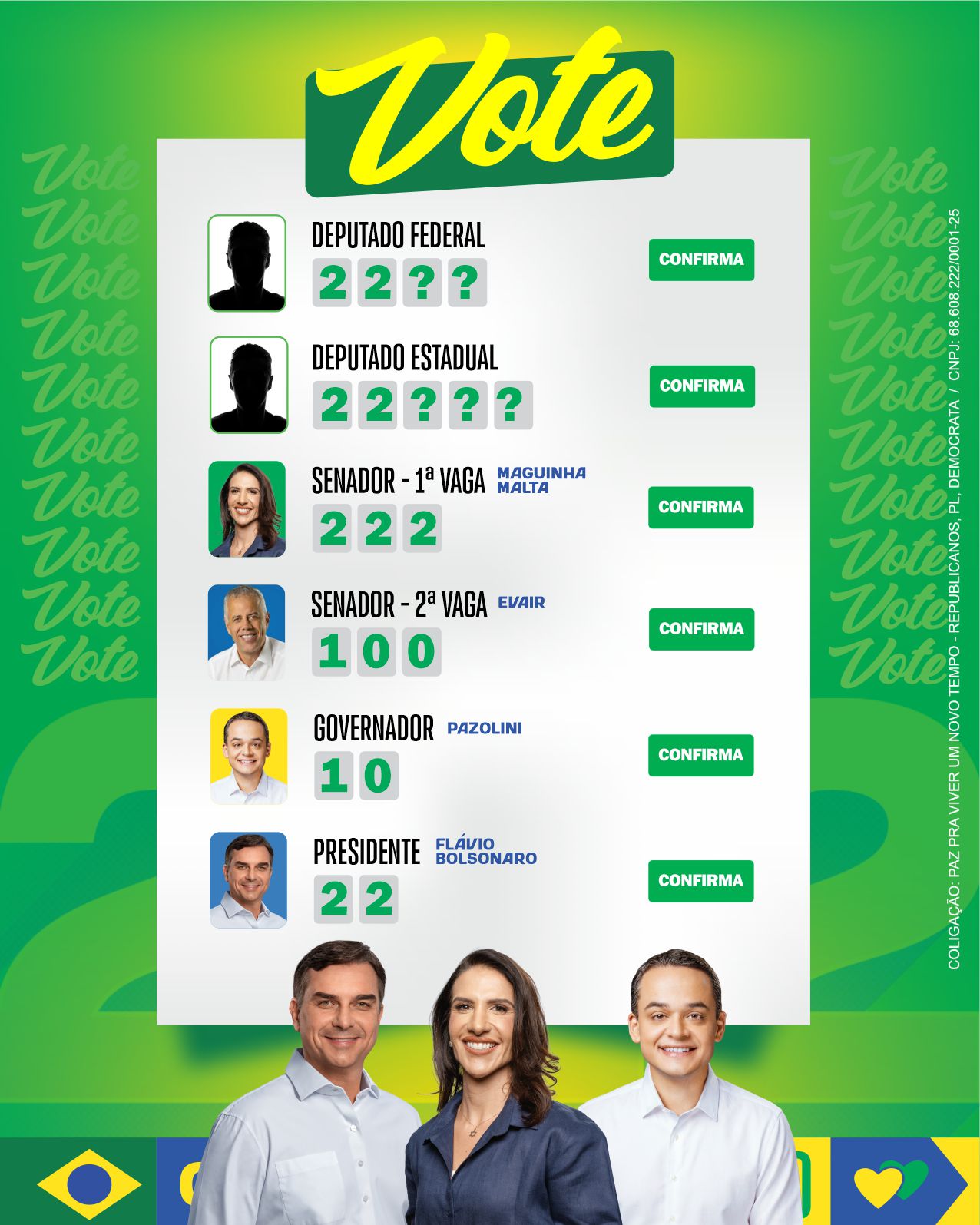 Colinha oficial da campanha: Maguinha Malta 222 para senadora, Evair 100, Pazolini 10 e Flávio Bolsonaro 22